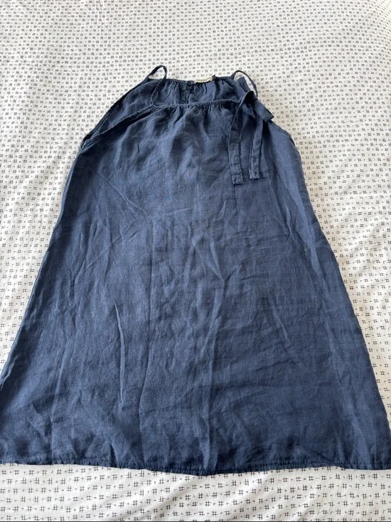 Lungo L’Arno Spaghetti-Strap Sundress, 100% linen, navy, bow on neck, size L - Picture 4 of 7